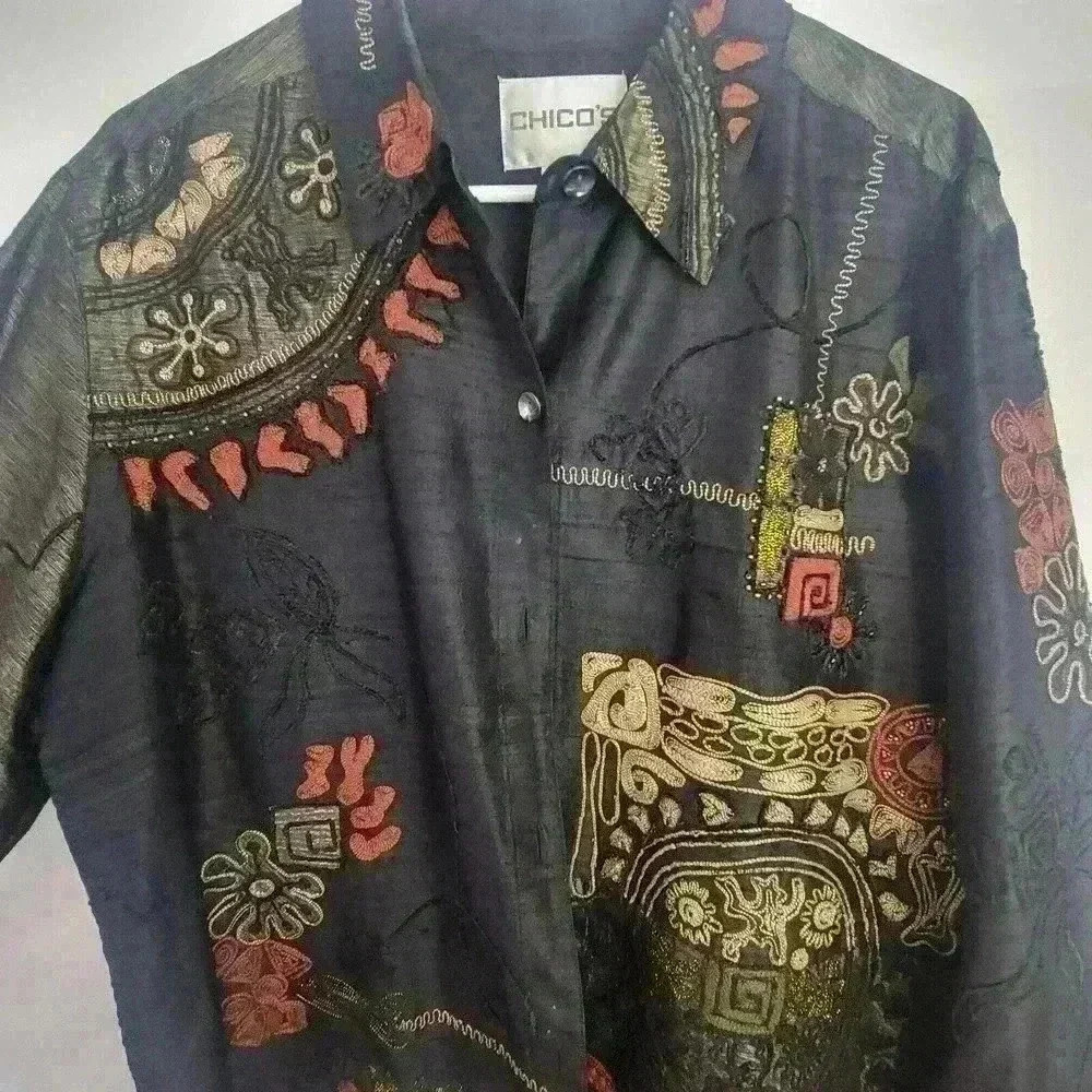 Vtg Chicos 3 Black Brown Silk Embroidered Asian Symbols Button Jacket Size XL - Picture 10 of 10